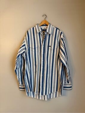 Vintage Wrangler Brushpopper Striped Western Cowboy Shirt 17.5-35  X-Long Tail